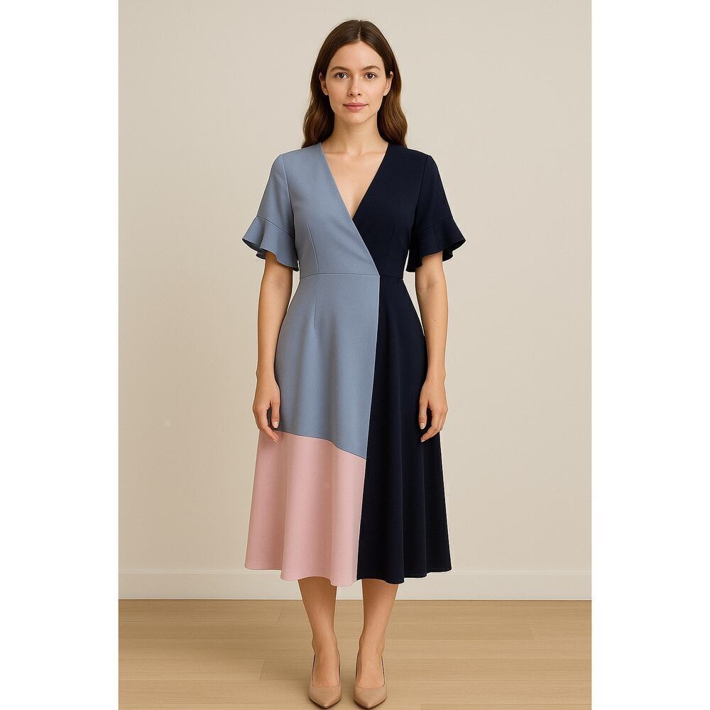 Women’s Hutch Colorblock Faux Wrap Midi Dress Short Sleeves Ruffle Belted Sz S